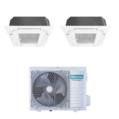 Immagine di Hisense CASSETTA commerciale R32 Climatizzatore a cassetta dual split inverter bianco | unità esterna 8 kW unità interne 9000+18000 BTU 4AMW81U4RJC+ACT[26|52]UR4RCC8