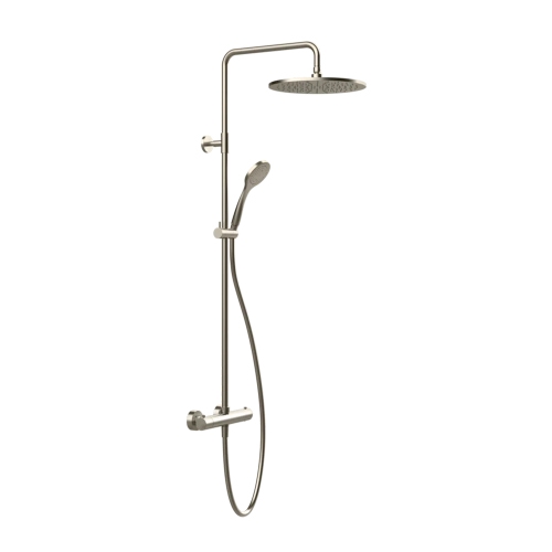 Immagine di Gessi EMPORIO SHOWER miscelatore termostatico a parete con soffione Ø 30 cm, deviatore automatico bagno/doccia, flessibile 150 cm, set saliscendi e doccetta anticalcare, finitura finox brushed nickel 35183#149