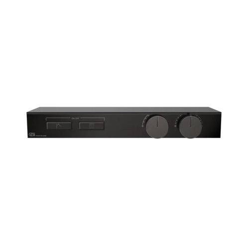 Immagine di Gessi HI-FI SHELF miscelatore termostatico a mensola, a due funzioni indipendenti, con pulsanti on-off, senza corpo incasso, mensola in cristallo temprato nero, finitura black metal PVD 63022#706