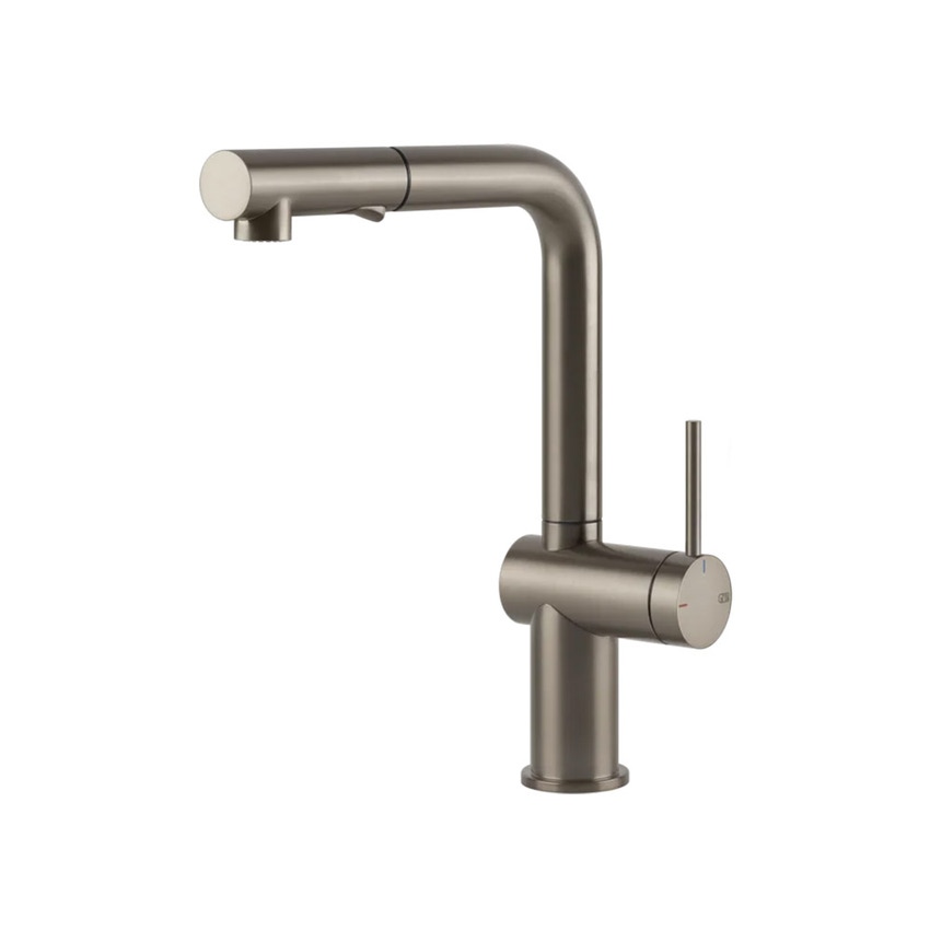 Immagine di Gessi INEDITO miscelatore monocomando girevole, con doccetta doppio getto estraibile, per lavello, ghiera con trama liscia, finitura finox 60435#149