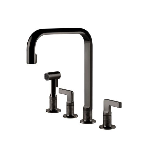 Immagine di Gessi INCISO rubinetto 3 fori, con canna girevole, con doccetta estraibile mono getto, finitura black metal PVD 58703#706