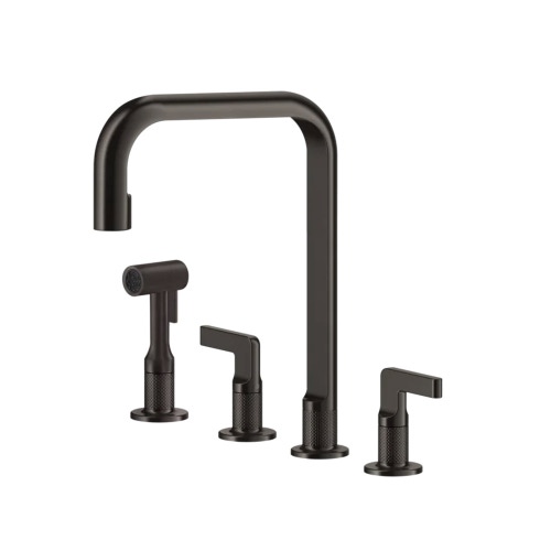 Immagine di Gessi INCISO rubinetto 3 fori, con canna girevole, con doccetta estraibile mono getto, finitura black metal brushed PVD 58703#707