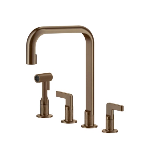 Immagine di Gessi INCISO rubinetto 3 fori, con canna girevole, con doccetta estraibile mono getto, finitura copper brushed PVD 58703#708