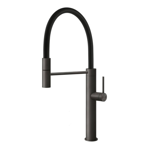 Immagine di Gessi 316 FLESSA miscelatore semi pro monocomando, con canna girevole e doccetta estraibile mono getto, finitura black metal brushed PVD 60010#707