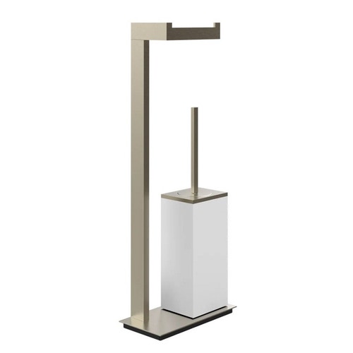 Immagine di Gessi RETTANGOLO ACCESSORI piantana da terra con porta rotolo e porta scopino bianco, finitura finox brushed nickel 20933#149