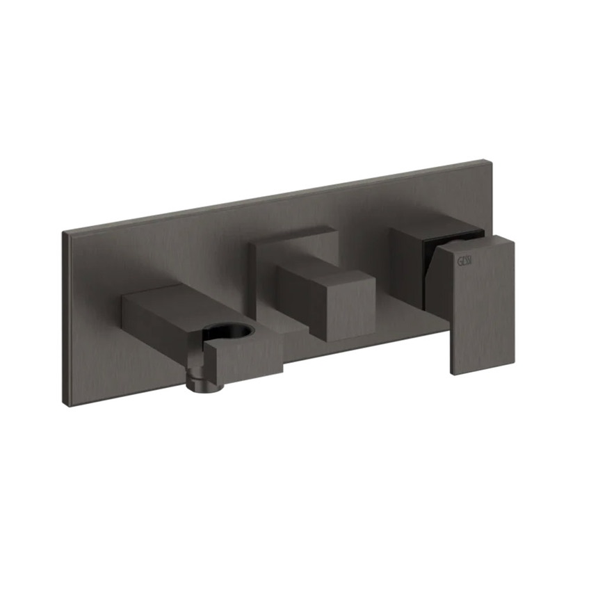 Immagine di Gessi RETTANGOLO SHOWER miscelatore doccia a parete 2 uscite, con deviatore, presa acqua e supporto doccetta, finitura black metal brushed PVD 44911#707