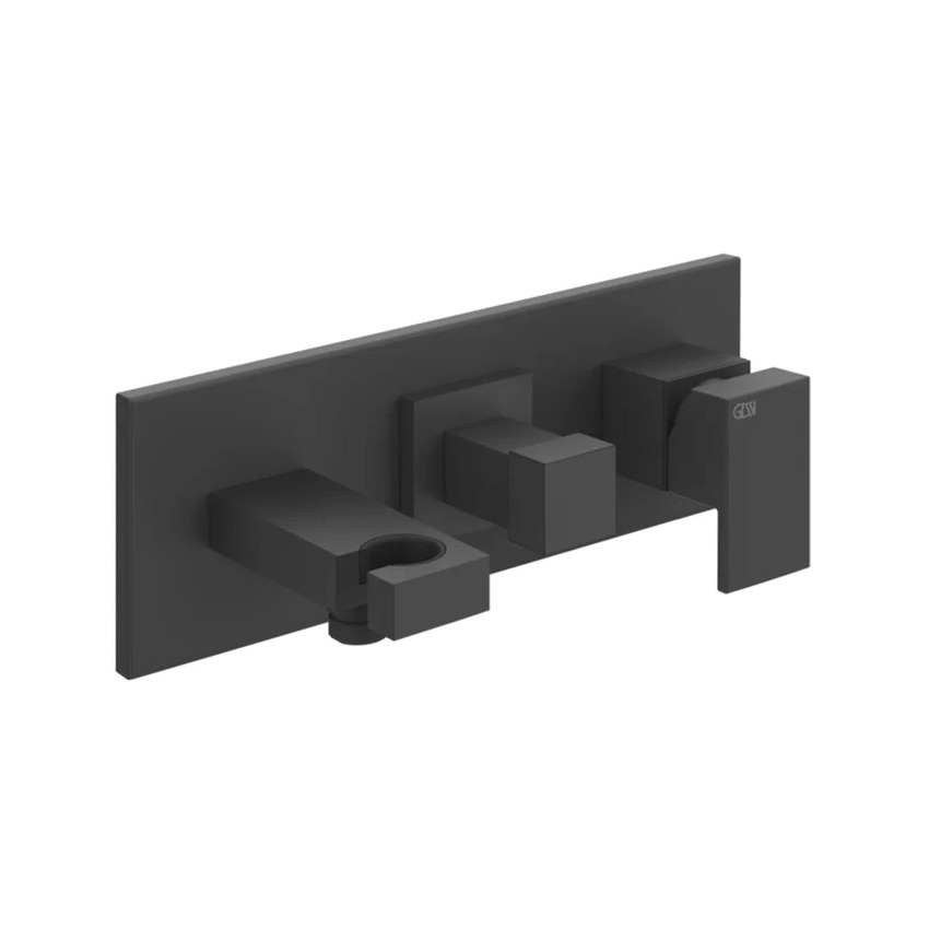 Immagine di Gessi RETTANGOLO SHOWER miscelatore doccia a parete 2 uscite, con deviatore, presa acqua e supporto doccetta, colore nero finitura opaco 44911#299