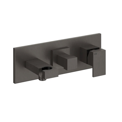 Immagine di Gessi RETTANGOLO miscelatore doccia a parete 2 uscite, con deviatore, presa acqua e supporto doccetta, finitura black metal brushed PVD 44910#707