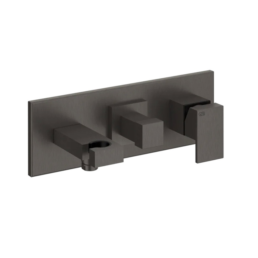 Immagine di Gessi RETTANGOLO SHOWER miscelatore doccia a parete 2 uscite, con deviatore, presa acqua e supporto doccetta, finitura black metal brushed PVD 44910#707