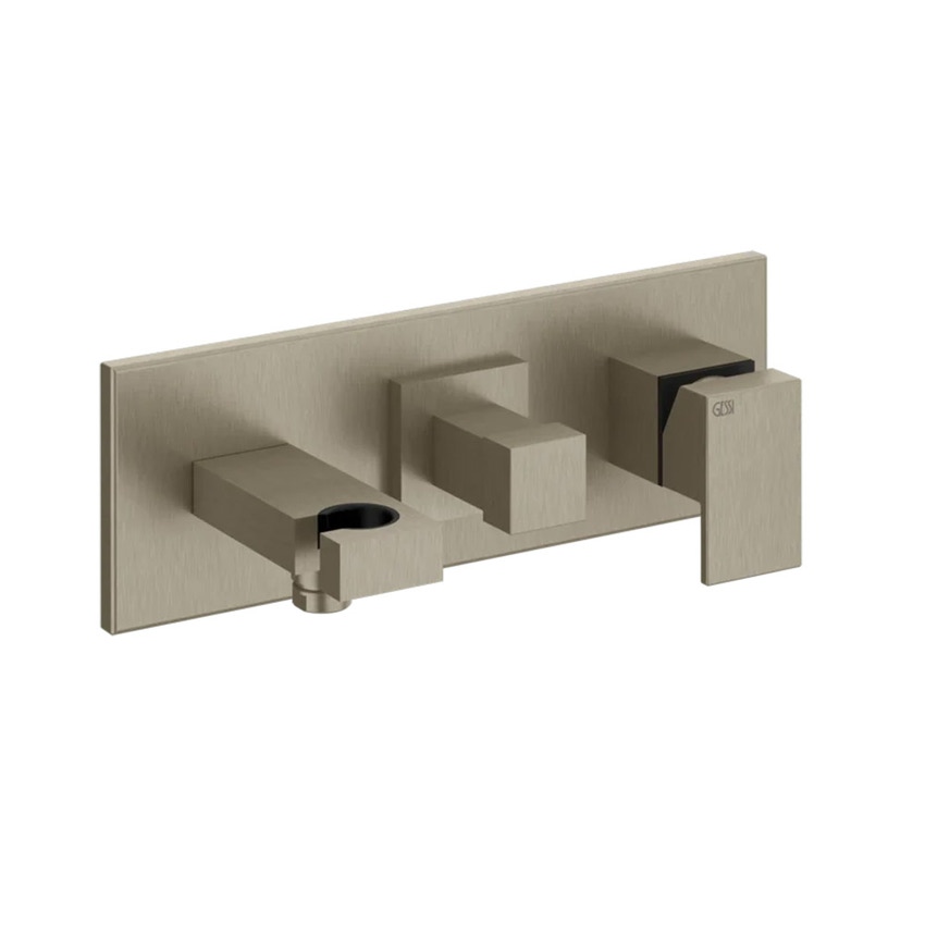 Immagine di Gessi RETTANGOLO SHOWER miscelatore doccia a parete 2 uscite, con deviatore, presa acqua e supporto doccetta, finitura finox 44910#149