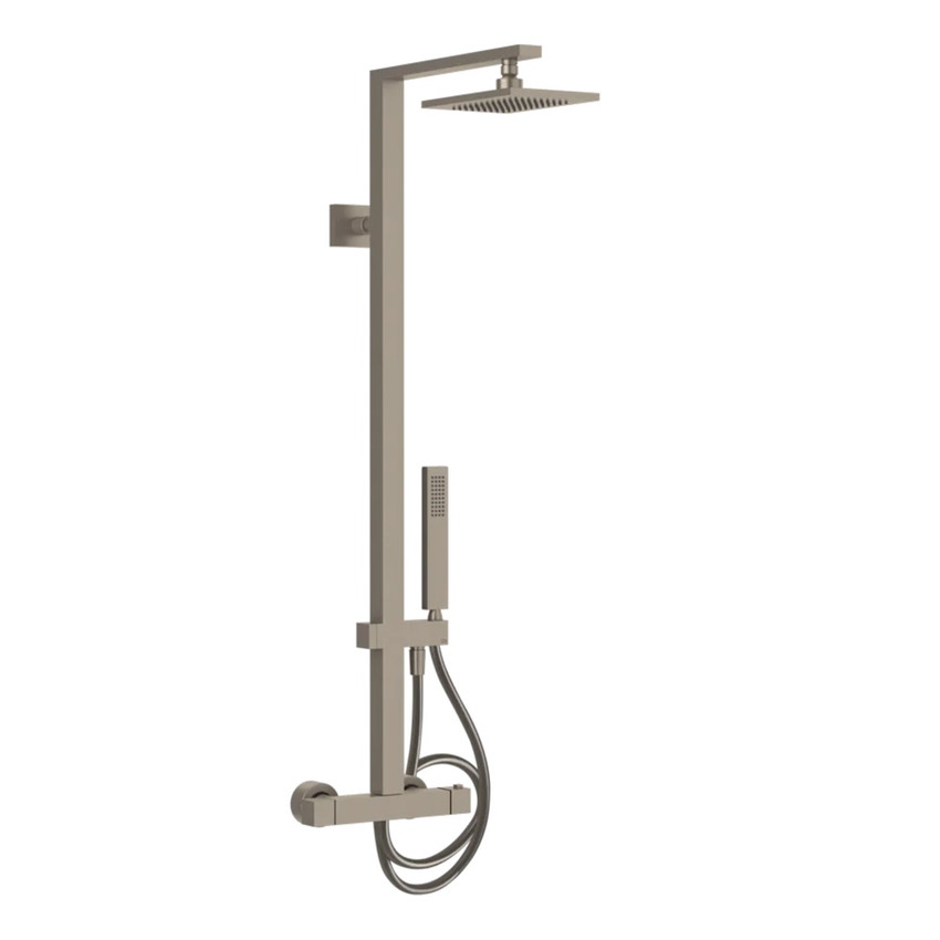 Immagine di Gessi RETTANGOLO SHOWER miscelatore termostatico a parete con soffione, deviatore automatico bagno/doccia, flessibile 150 cm e doccetta anticalcare, finitura finox 23447#149