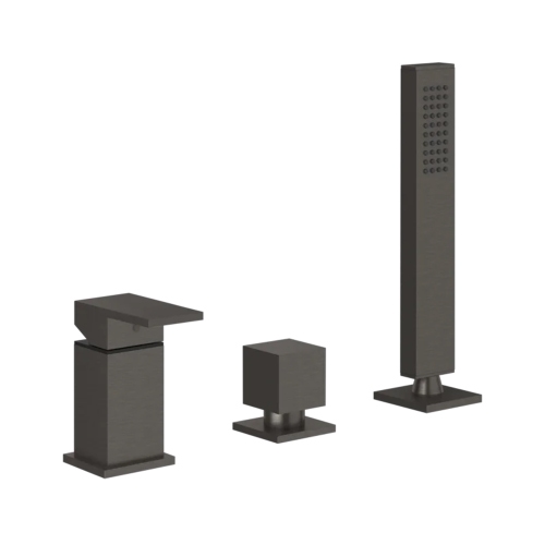 Immagine di Gessi RETTANGOLO gruppo bordo vasca 3 fori con deviatore, flessibile 150 cm e doccetta anticalcare, finitura black metal brushed PVD 20043#707