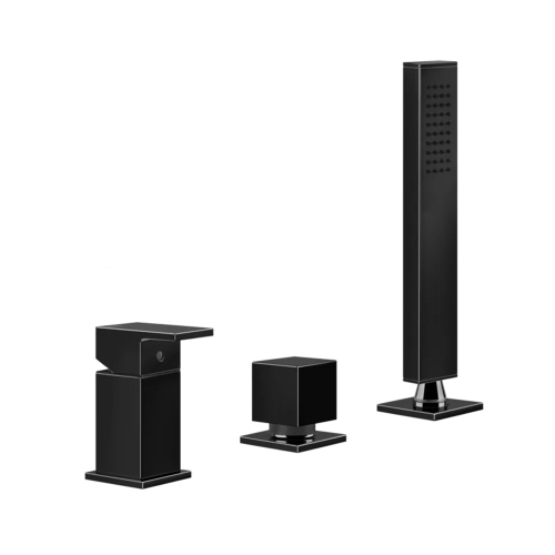 Immagine di Gessi RETTANGOLO gruppo bordo vasca 3 fori con deviatore, flessibile 150 cm e doccetta anticalcare, finitura black metal PVD 20043#706