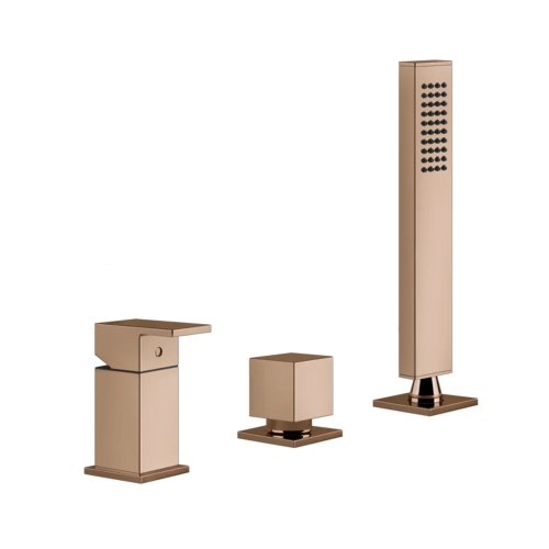 Immagine di Gessi RETTANGOLO gruppo bordo vasca 3 fori con deviatore, flessibile 150 cm e doccetta anticalcare, finitura copper PVD 20043#030