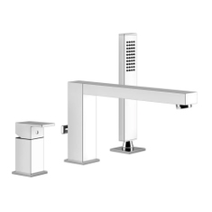 Immagine di Gessi RETTANGOLO gruppo bordo vasca 3 fori con bocca di erogazione, deviatore, flessibile 150 cm e doccetta anticalcare, finitura cromo 20037#031