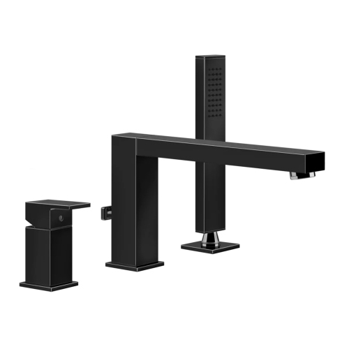 Immagine di Gessi RETTANGOLO gruppo bordo vasca 3 fori con bocca di erogazione, deviatore, flessibile 150 cm e doccetta anticalcare, finitura black metal PVD 20037#706