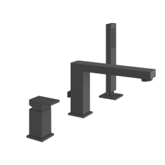 Immagine di Gessi RETTANGOLO gruppo bordo vasca 3 fori con bocca di erogazione, deviatore, flessibile 150 cm e doccetta anticalcare, colore nero finitura opaco 20037#299