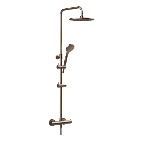 Immagine di Gessi SHOWER colonna doccia termostatica a parete, con deviatore automatico, soffione rotondo Ø 25 cm, flessibile 150 cm e doccetta anticalcare, finitura copper brushed PVD 35175#708