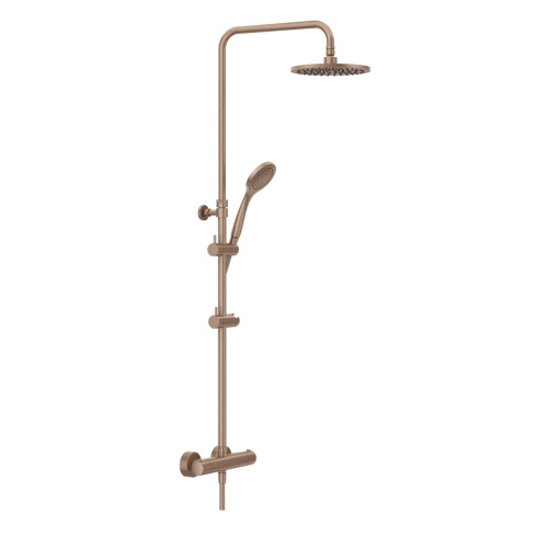 Immagine di Gessi SHOWER miscelatore termostatico a parete con soffione Ø 20 cm, deviatore automatico per bagno/doccia, flessibile 150 cm, saliscendi e doccetta anticalcare, finitura Copper brushed PVD 35173#708