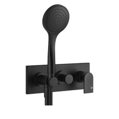 Immagine di Gessi VIA MANZONI miscelatore doccia a parete, 2 uscite, con deviatore, presa acqua, supporto, flessibile 150 cm e doccetta anticalcare, senza corpo incasso, colore nero finitura opaco 44901#299