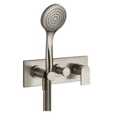 Immagine di Gessi VIA MANZONI miscelatore doccia a parete, 2 uscite, con deviatore, presa acqua, supporto, flessibile 150 cm e doccetta anticalcare, senza corpo incasso, finitura finox brushed nickel 44901#149