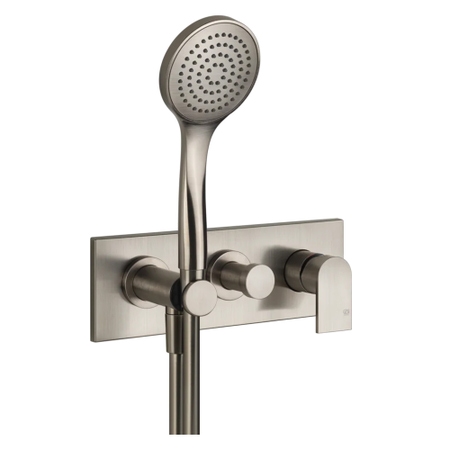Immagine di Gessi VIA MANZONI miscelatore doccia a parete, 2 uscite, con deviatore, presa acqua, supporto, flessibile 150 cm e doccetta anticalcare, senza corpo incasso, finitura finox brushed nickel 44901#149