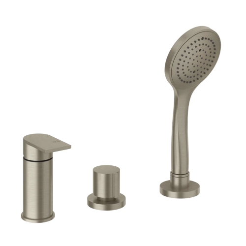 Immagine di Gessi VIA MANZONI gruppo bordo vasca, tre fori con deviatore, flessibile 150 cm e doccetta anticalcare, finitura finox brushed nickel 38643#149