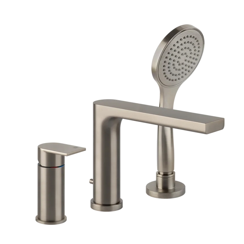 Immagine di Gessi VIA MANZONI gruppo bordo vasca, tre fori con bocca di erogazione, deviatore, flessibile 150 cm e doccetta anticalcare, finitura finox brushed nickel 38634#149