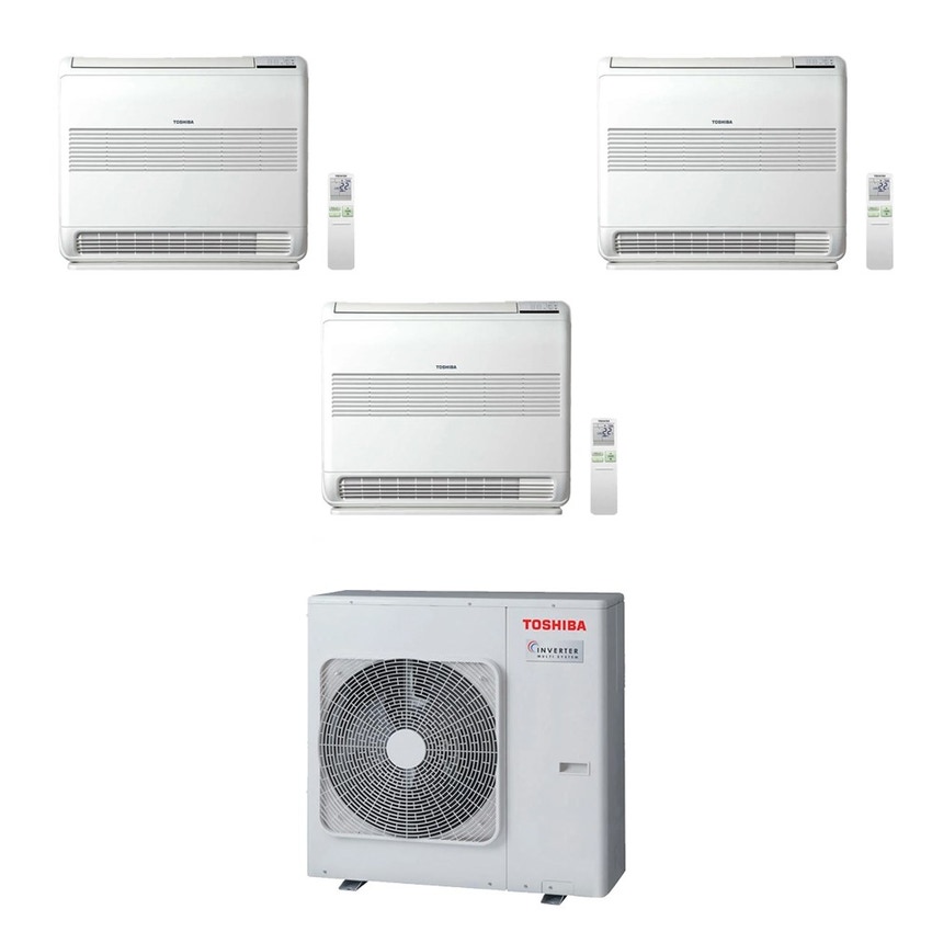 Immagine di Toshiba CONSOLE Climatizzatore a pavimento trial split inverter bianco | unità esterna R32 8 kW unità interne 10000+10000+10000 BTU RAS-4M27G3AVG-E+RAS-[B10|B10|B10]J2FVG-E