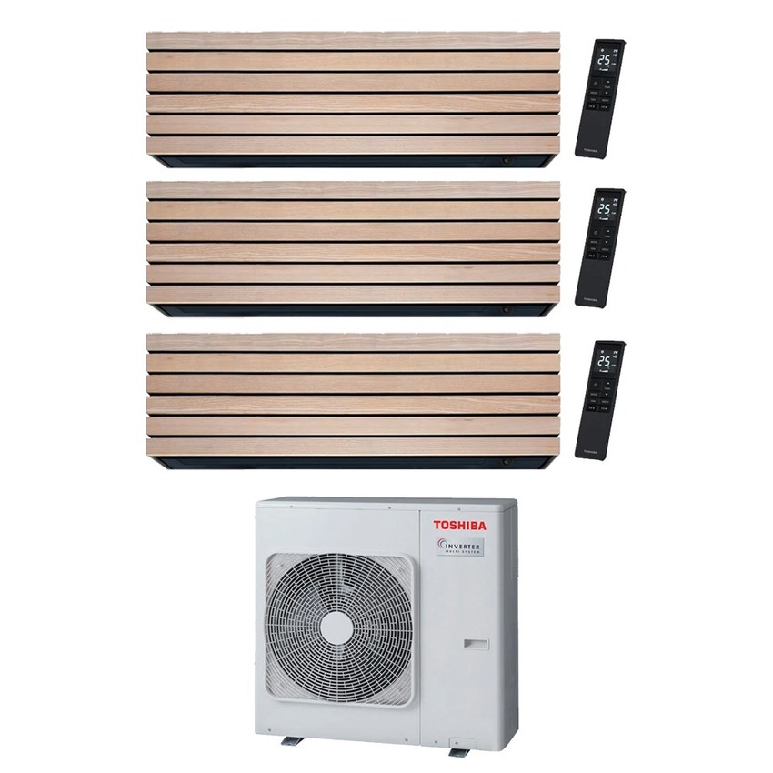 Immagine di Toshiba DAISEIKAI 10 WOOD Climatizzatore a parete trial split inverter Wi-Fi wood | unità esterna R32 10 kW unità interne 10000+13000+13000 BTU RAS-5M34G3AVG-E+RAS-B[10|13|13]S4KVDG-E