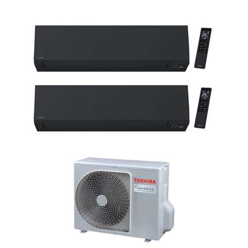 Immagine di Toshiba SHORAI EDGE BLACK Climatizzatore a parete dual split inverter Wi-Fi nero | unità esterna R32 5.2 kW unità interne 7000+7000 BTU RAS-2M18G3AVG-E+RAS-[B07|B07]G3KVSGB-E