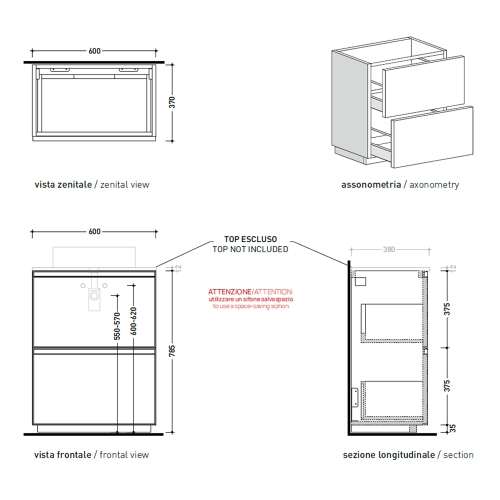 Immagine di Flaminia CUBIKA base portalabo L.60 P.37 cm a terra, con 2 cassetti, senza top, colore bianco finitura opaco CKDI01LBK