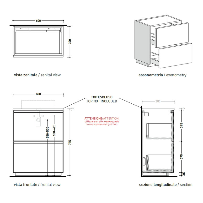 Immagine di Flaminia CUBIKA base portalabo L.60 P.37 cm a terra, con 2 cassetti, senza top, colore bianco finitura opaco CKDI01LBK