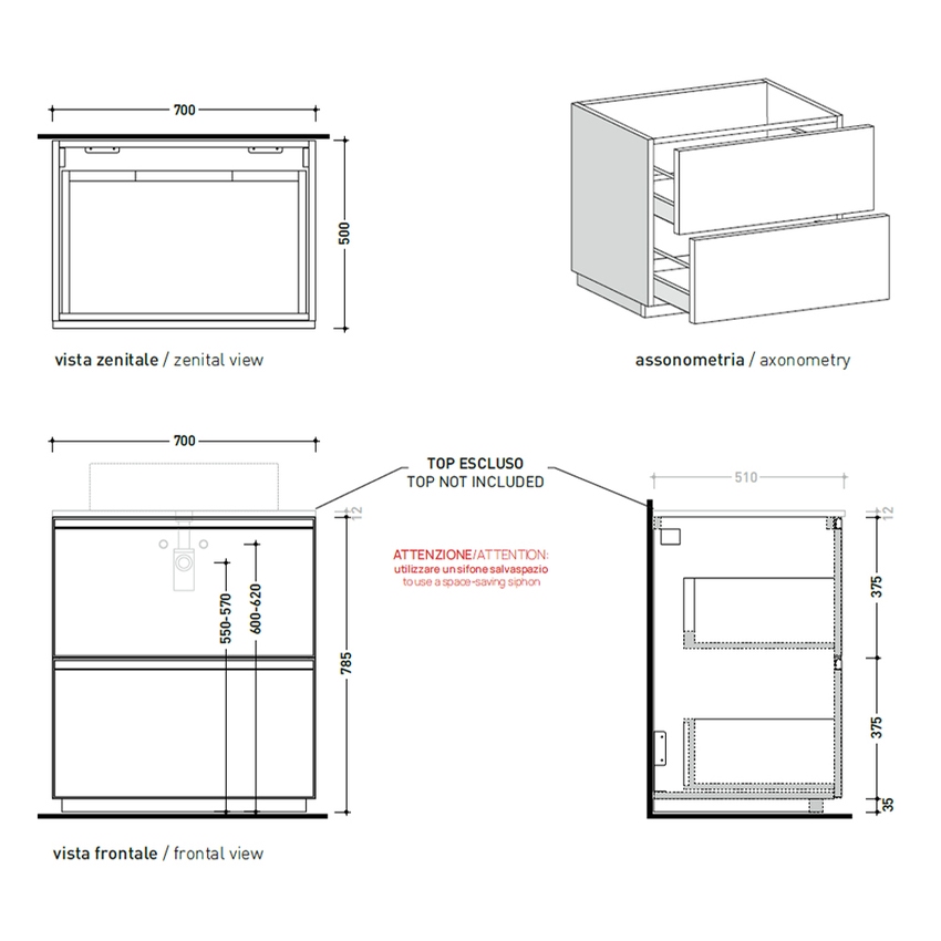 Immagine di Flaminia CUBIKA base portalabo L.70 P.50 cm a terra, con 2 cassetti, senza top, colore bianco finitura opaco CKD913LBK