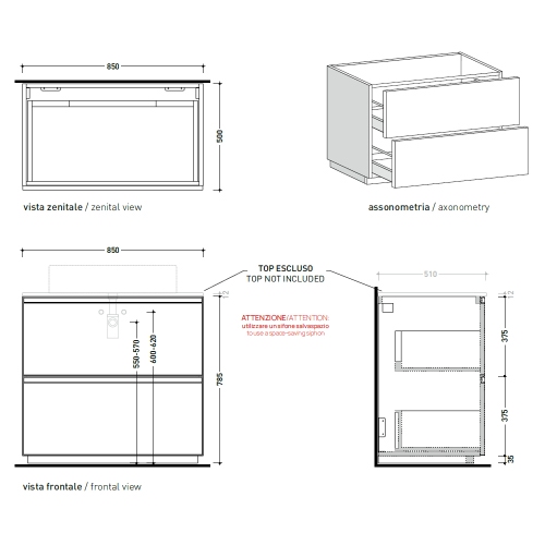 Immagine di Flaminia CUBIKA base portalabo L.85 P.50 cm a terra, con 2 cassetti, senza top, colore bianco finitura opaco CKD919LBK