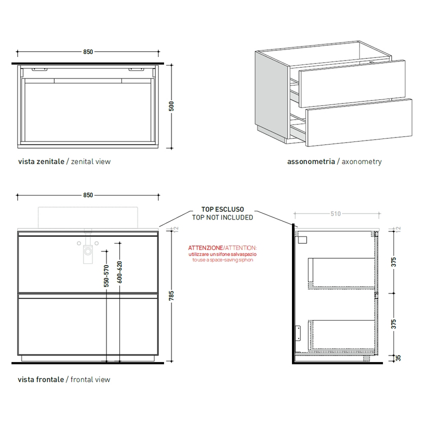 Immagine di Flaminia CUBIKA base portalabo L.85 P.50 cm a terra, con 2 cassetti, senza top, colore bianco finitura opaco CKD919LBK