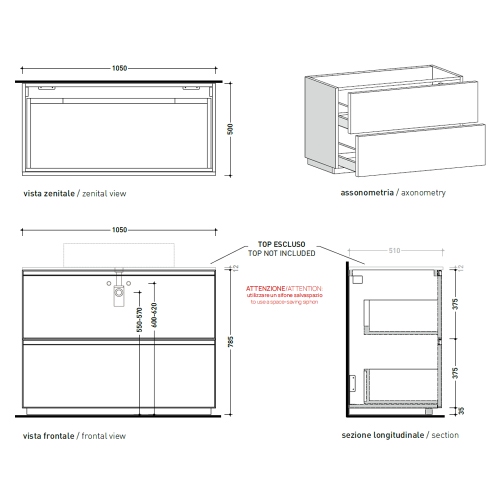 Immagine di Flaminia CUBIKA base portalabo L.105 P.50 cm a terra, con 2 cassetti, senza top, colore bianco finitura opaco CKD754LBK