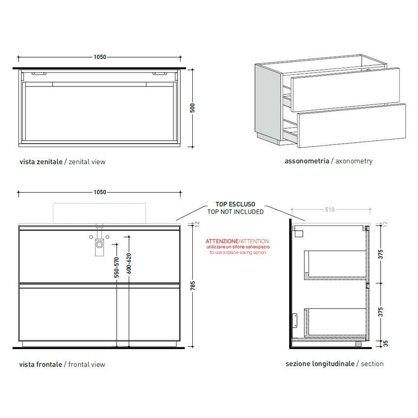 Immagine di Flaminia CUBIKA base portalabo L.105 P.50 cm a terra, con 2 cassetti, senza top, colore bianco finitura opaco CKD754LBK