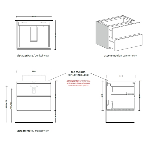 Immagine di Flaminia CUBIKA base portalabo L.60 P.50 cm sospesa, con 2 cassetti, senza top, colore bianco finitura opaco CKD939LBK