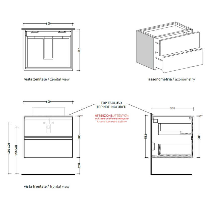 Immagine di Flaminia CUBIKA base portalabo L.60 P.50 cm sospesa, con 2 cassetti, senza top, colore bianco finitura opaco CKD939LBK
