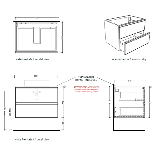 Immagine di Flaminia CUBIKA base portalabo L.70 P.50 cm sospesa, con 2 cassetti, senza top, colore bianco finitura opaco CKD809LBK