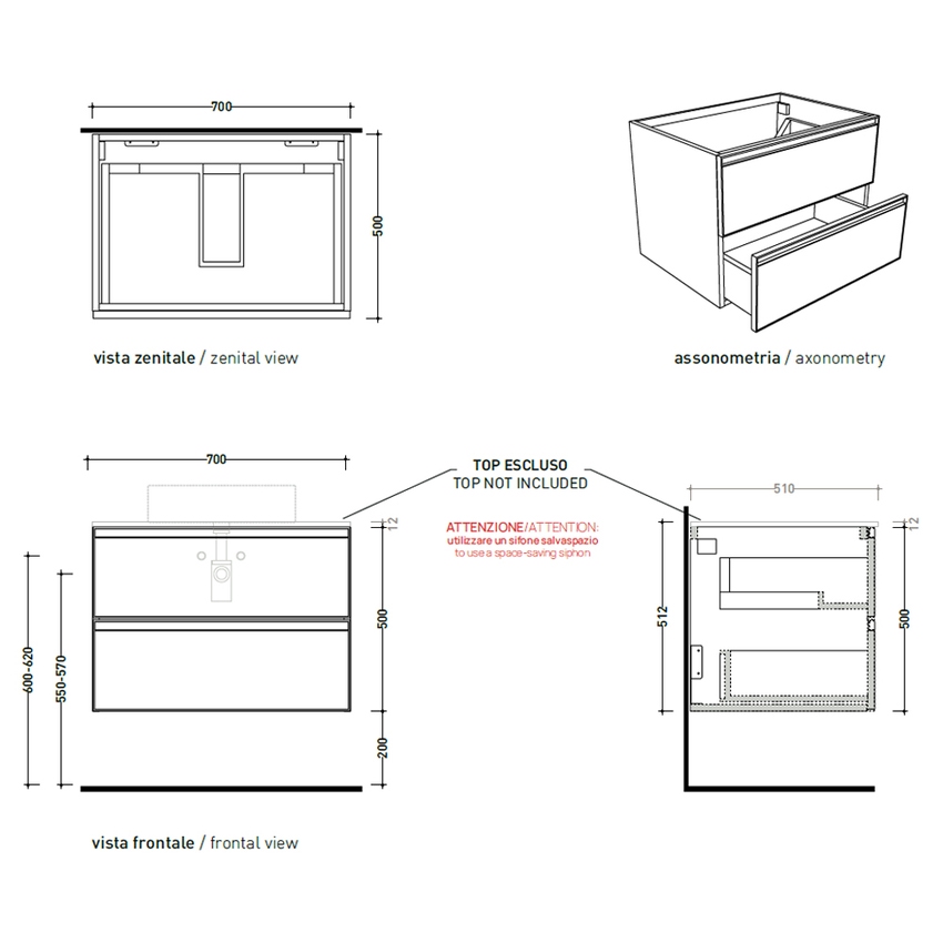 Immagine di Flaminia CUBIKA base portalabo L.70 P.50 cm sospesa, con 2 cassetti, senza top, colore bianco finitura opaco CKD809LBK