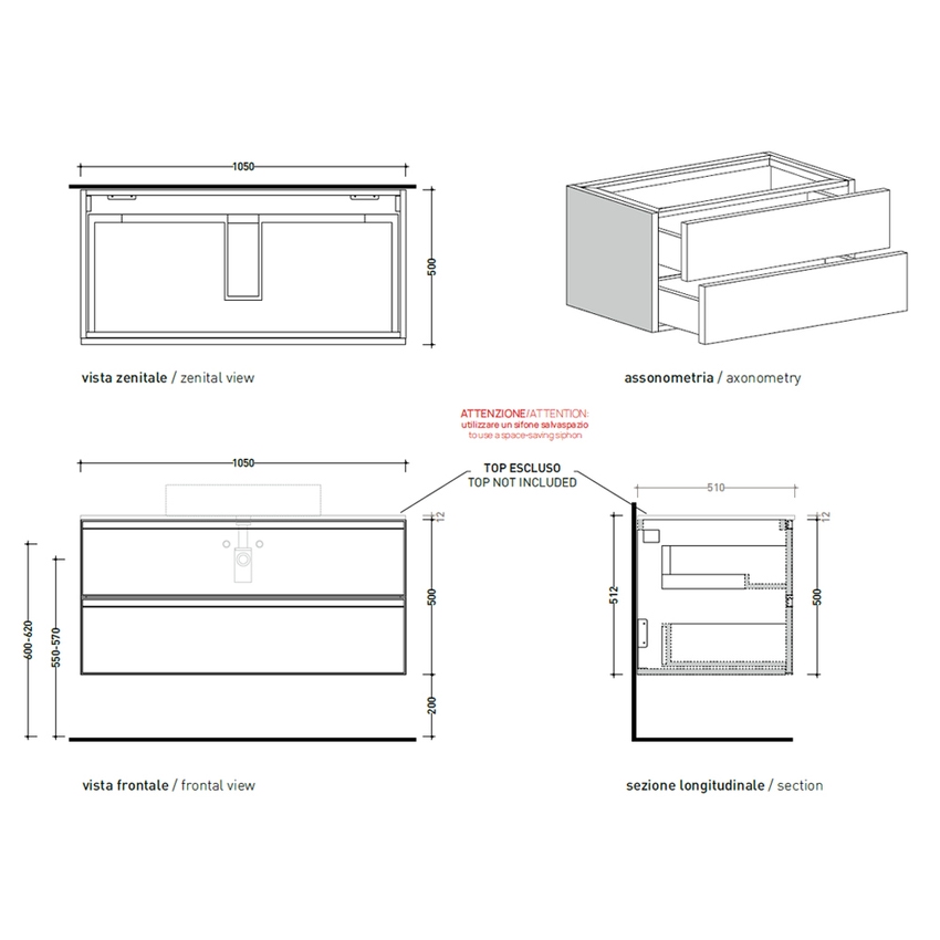 Immagine di Flaminia CUBIKA base portalabo L.105 P.50 cm sospesa, con 2 cassetti, senza top, colore bianco finitura opaco CKD839LBK