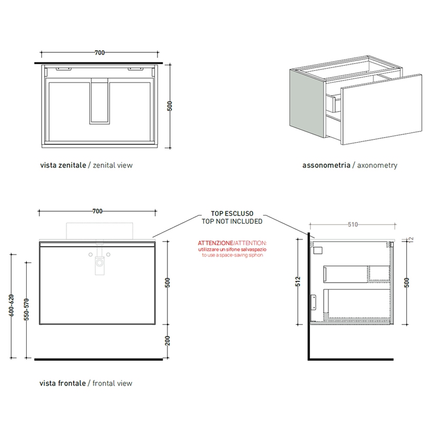 Immagine di Flaminia CUBIKA base portalabo L.70 P.50 cm sospesa, con 1 cassetto, senza top, colore bianco finitura opaco CKD876LBK