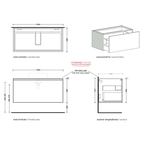 Immagine di Flaminia CUBIKA base portalabo L.105 P.50 cm sospesa, con 1 cassetto, senza top, colore bianco finitura opaco CKD893LBK