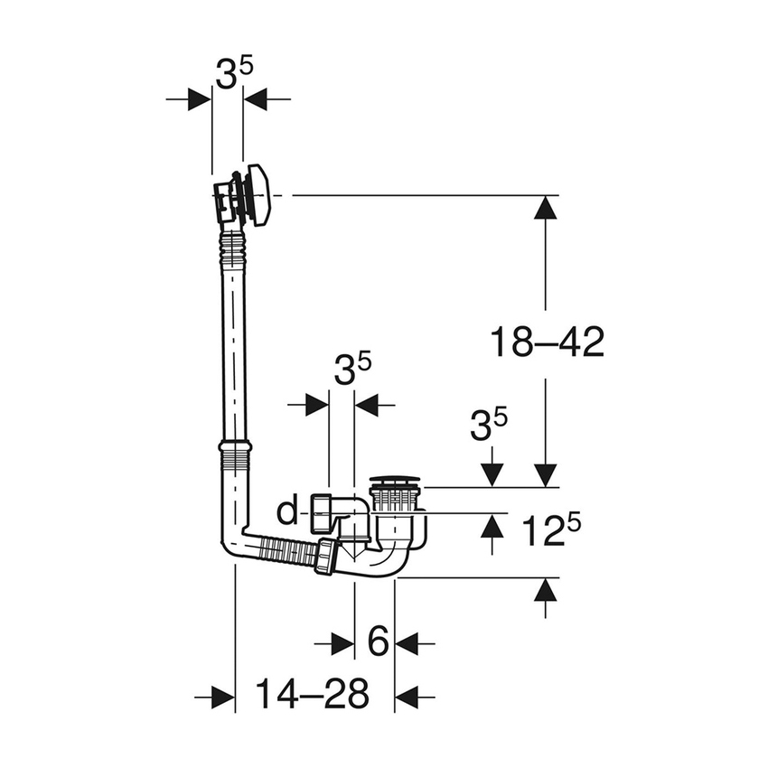 Immagine di Geberit sifone per vasca da bagno con azionamento a rotazione, d52, lunghezza 28 cm, con accessori di completamento, principio controflusso finitura cromato lucido 150.603.21.6