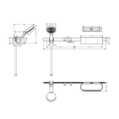 Immagine di Hansgrohe WALLSTORIS pacchetto doccetta 105, 3 jet, Active EcoSmart, barra da doccia 70 cm e set cestini, colore bianco finitura opaco 24291700