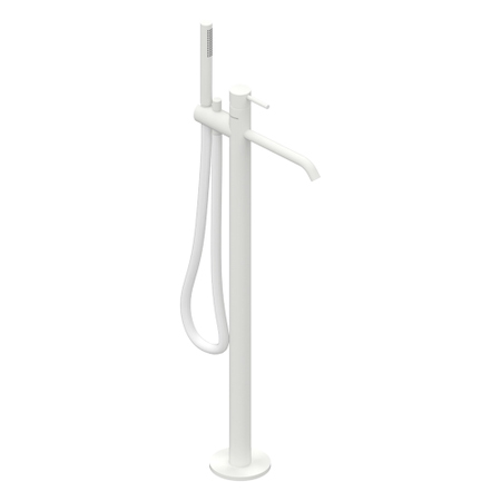 Immagine di Flaminia LOOK miscelatore monocomando free standing per vasca, con deviatore, supporto e doccetta e flessibile, corpo incasso incluso, colore bianco latte finitura opaco LQ2580LAT
