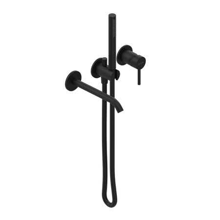 Immagine di Flaminia LOOK set vasca con miscelatore monocomando ad incasso, supporto e doccetta, deviatore, flessibile e bocca di erogazione, corpo incasso incluso, colore carbone finitura opaco LQ2570CAR