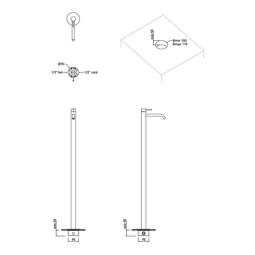 Immagine di Flaminia LOOK miscelatore monocomando free standing H.111 cm, per lavabo, senza scarico, corpo incasso incluso, colore bianco latte finitura opaco LQ3052LAT